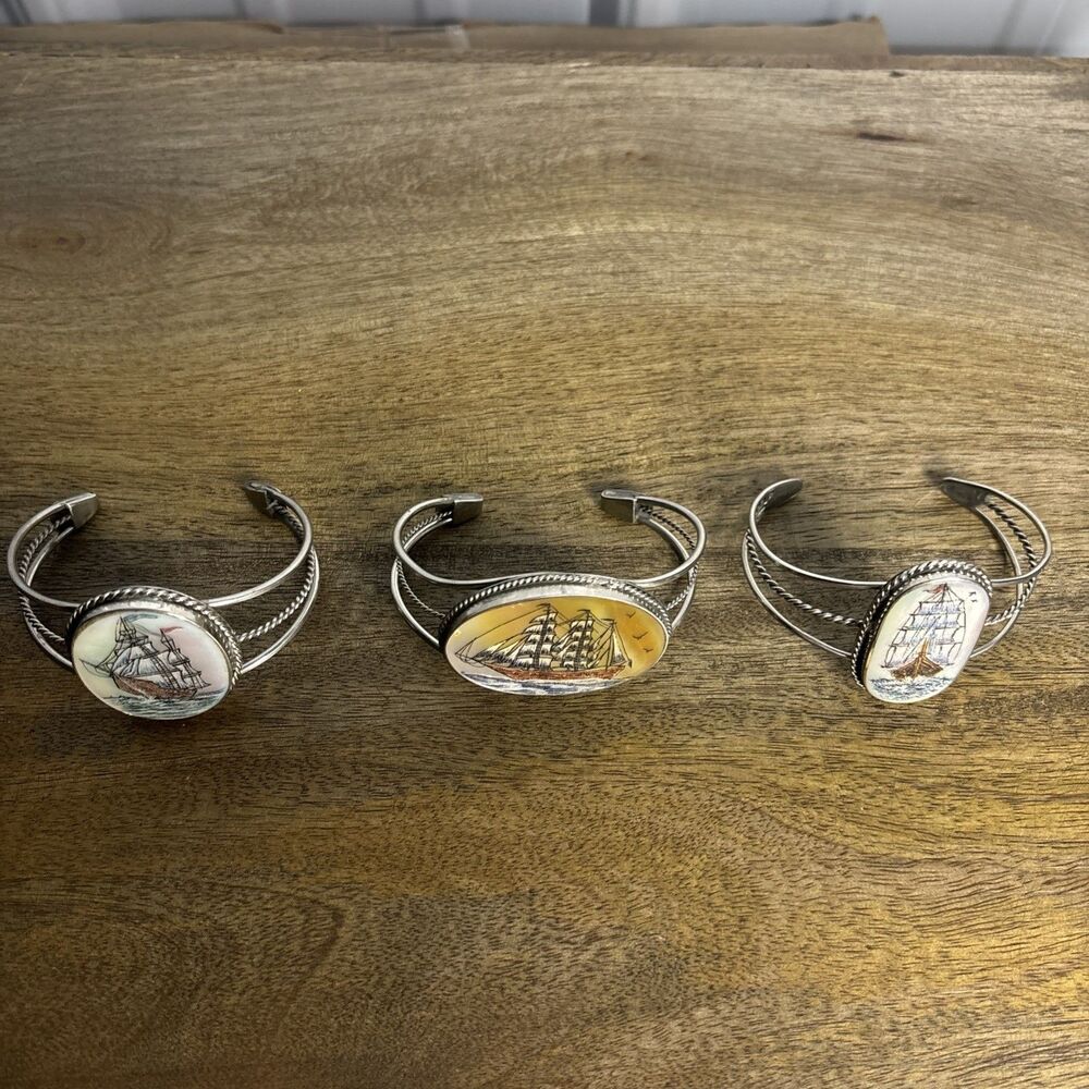 Lot Of 3 Vintage Silver Tone Mother Of Pearl Ship Cuff Bracelets - Picture 2 of 6